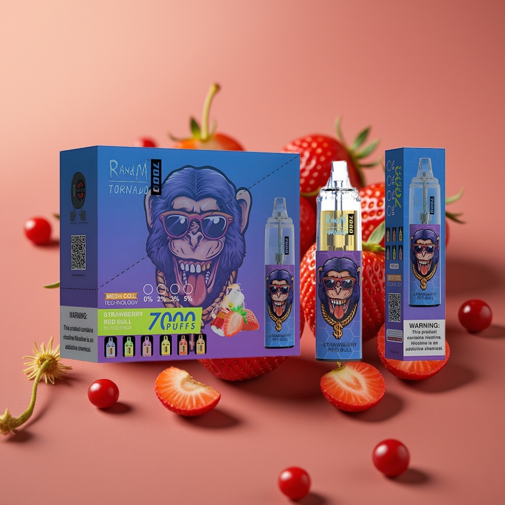 Fumot Tornado 7000 Puff Disposable Vape Fragola Red Bull Mesh Coil Type-C