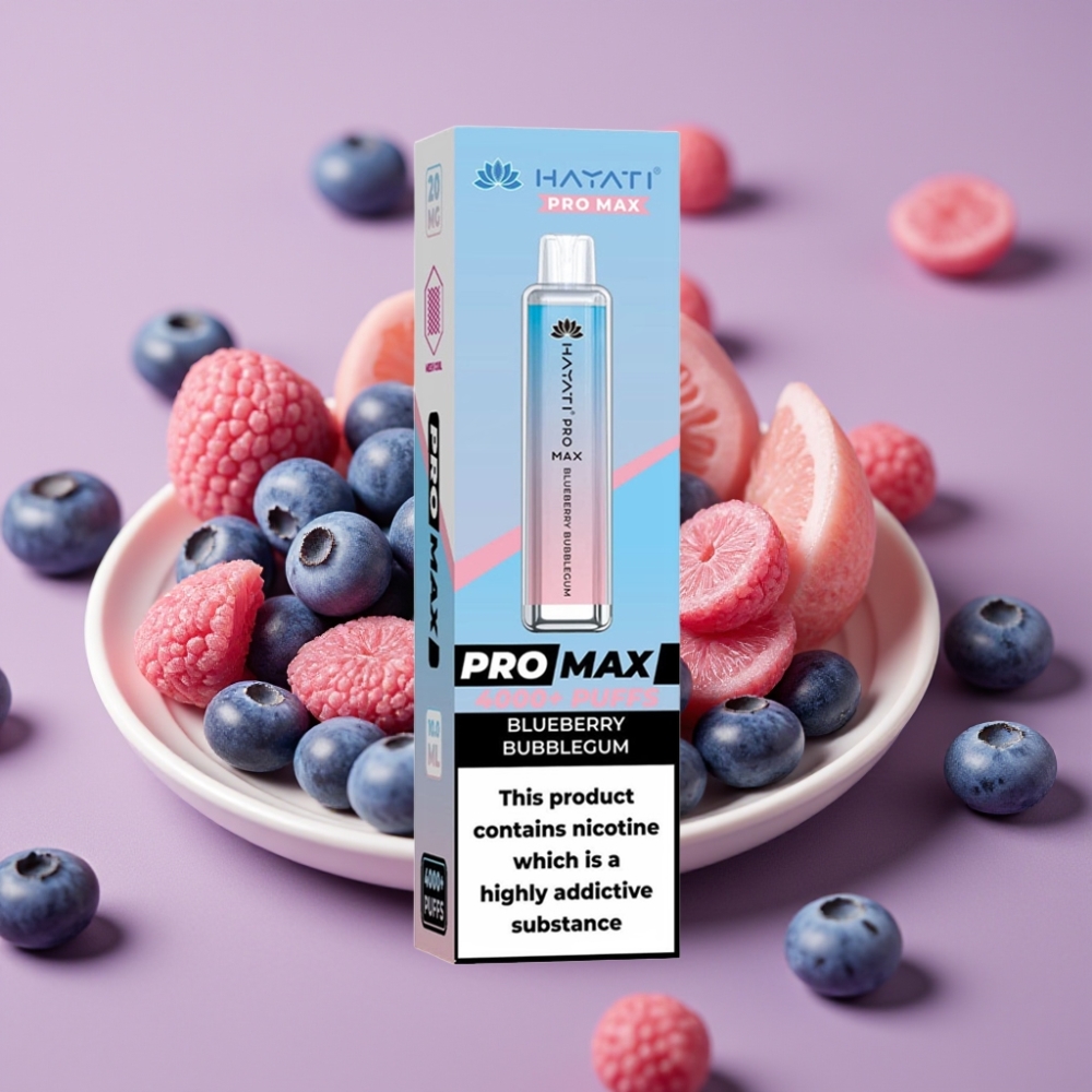 Hayati Pro Max 4000 Puff Ricaricabile Dual Coil Gusto Gomma da Masticare al Mirtillo