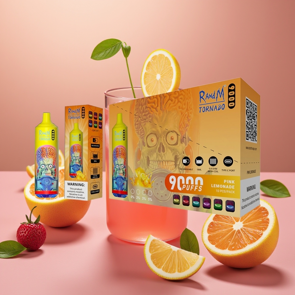 RandM Fumot Tornado 9000 Puff Display RGB E-Liquid 18mL Aromatizzato Limonata Rosa Mesh
