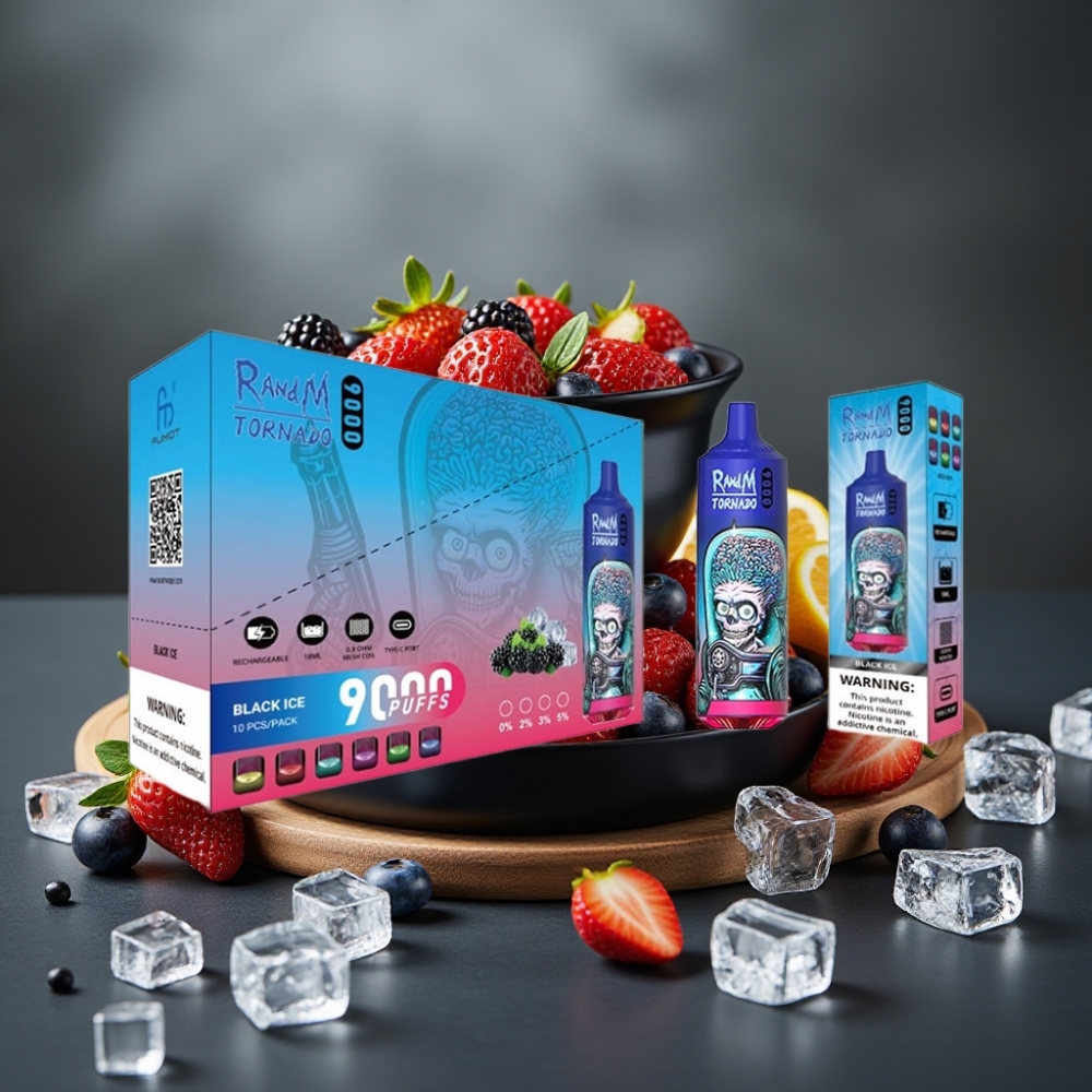 RandM Tornado 9000 Puff Dispositivo Ricaricabile con Display RGB e Gusto Ghiaccio Nero