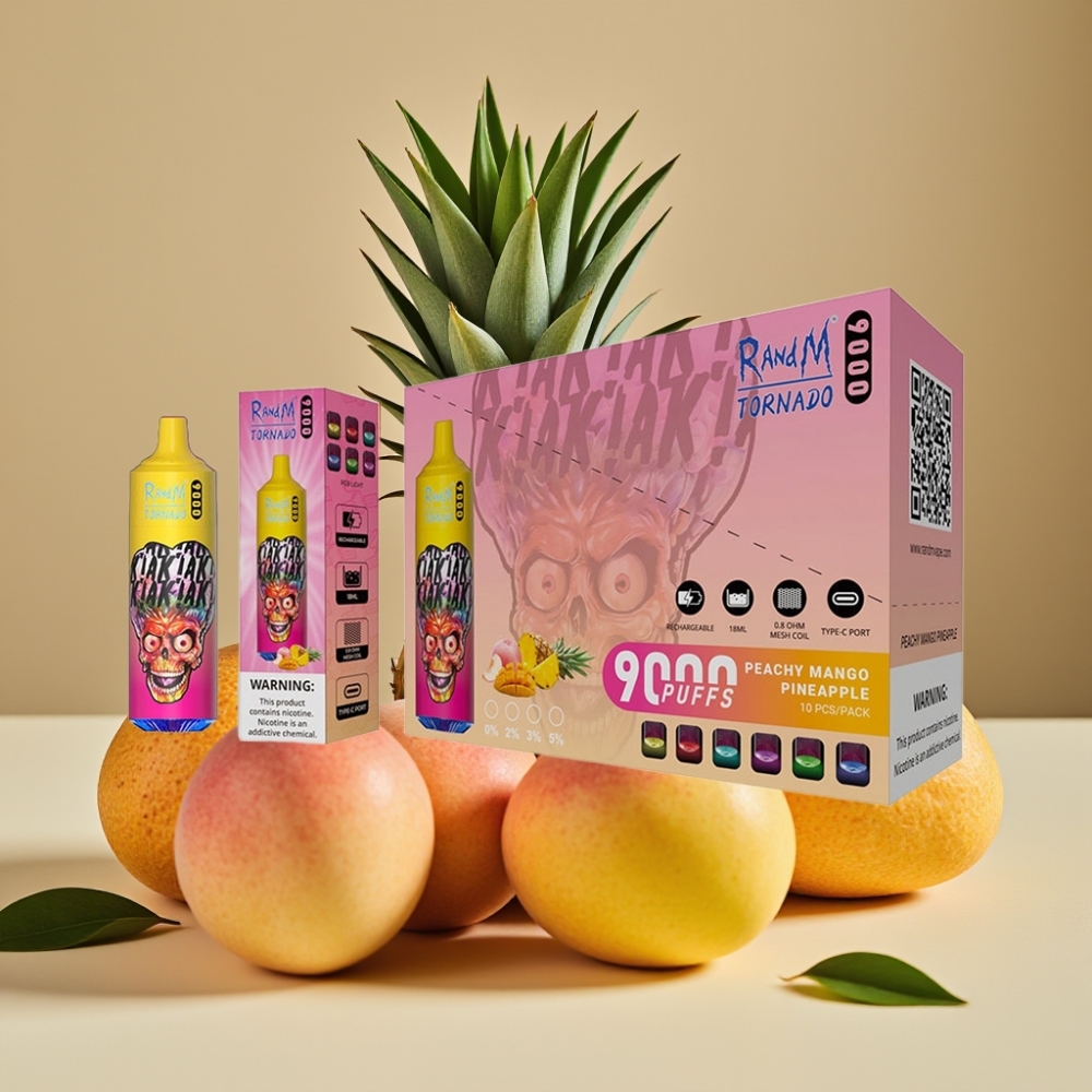 RandM Tornado 9000 Puffs Ricaricabile 850 mAh Display RGB Gusto Pesca Mango Ananas